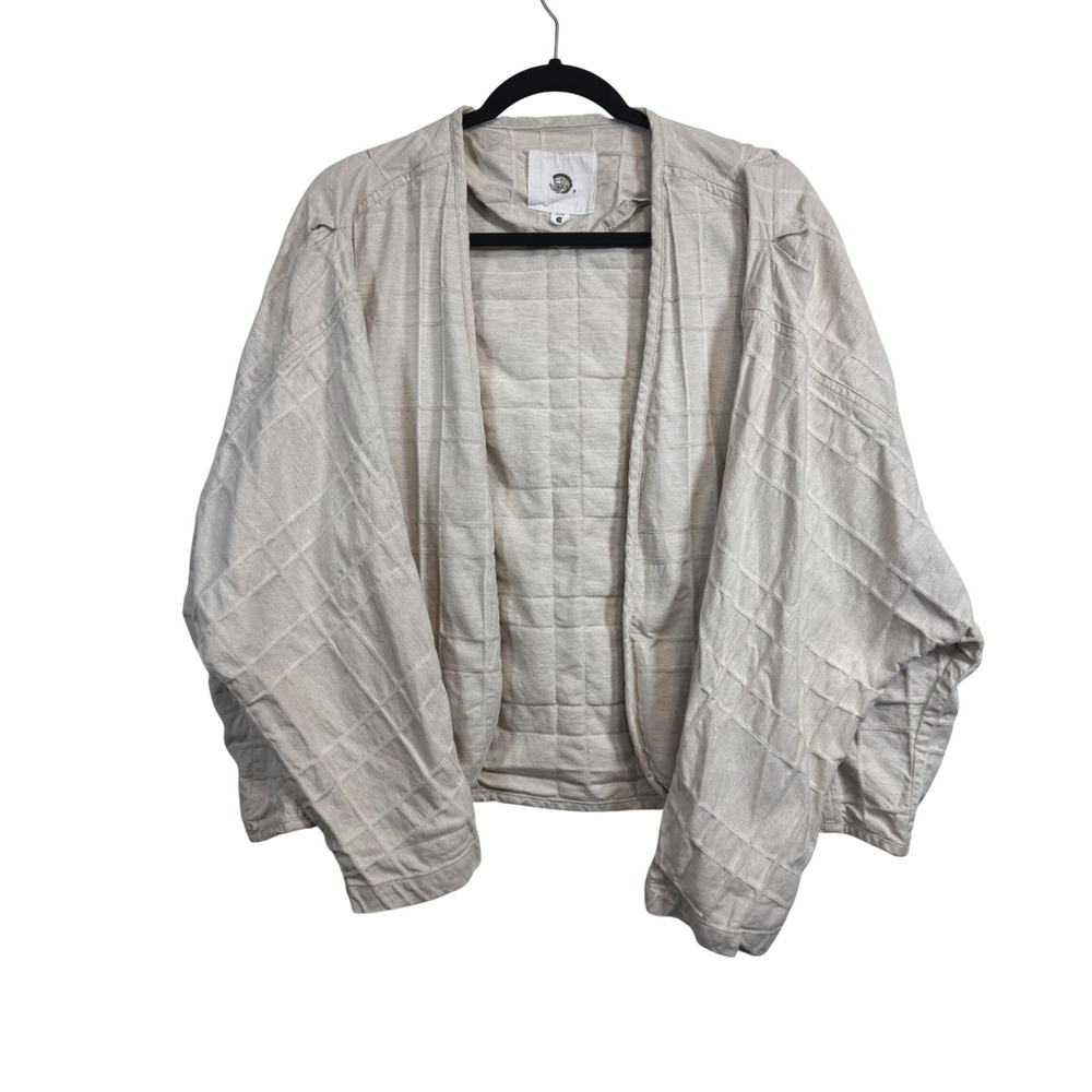 ZLSW Beige Textured Quilted Grid Open Front Cardigan Jacket Cotton Linen Blend S
